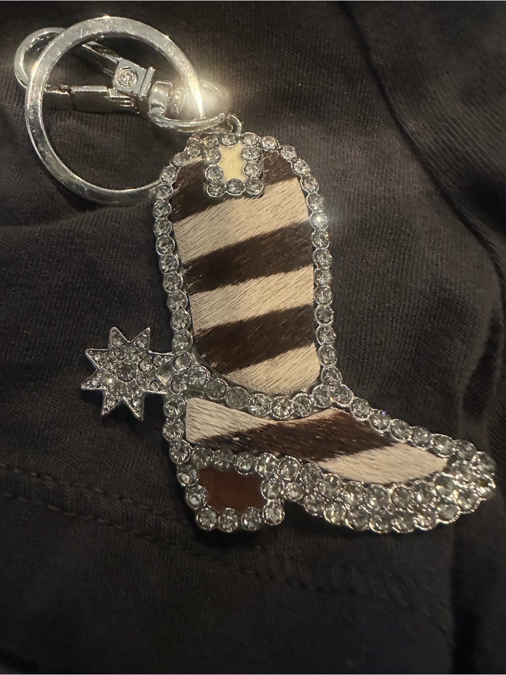 Cowhide Zebra Stripe Cowboy Boot Keychain with Rhinestones